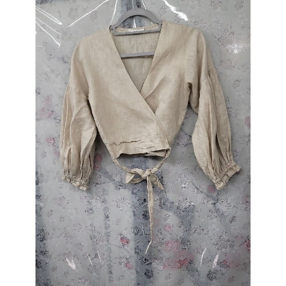 Dissh Wrap Front Balloon Sleeve Crop Top - Beige Size Small - Picture 3 of 9